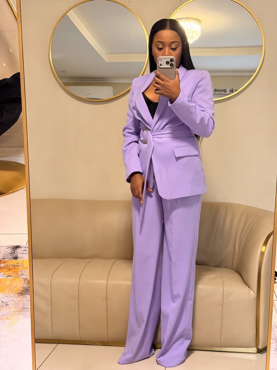 Lavender belted wide-leg pantsuit