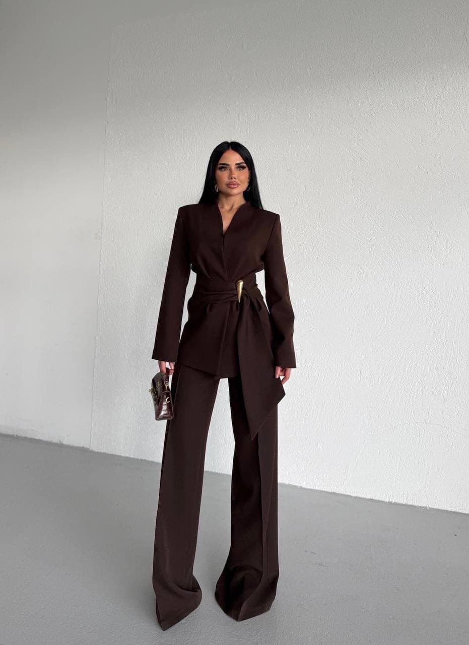 Chocolate brown wide-leg belted trousers