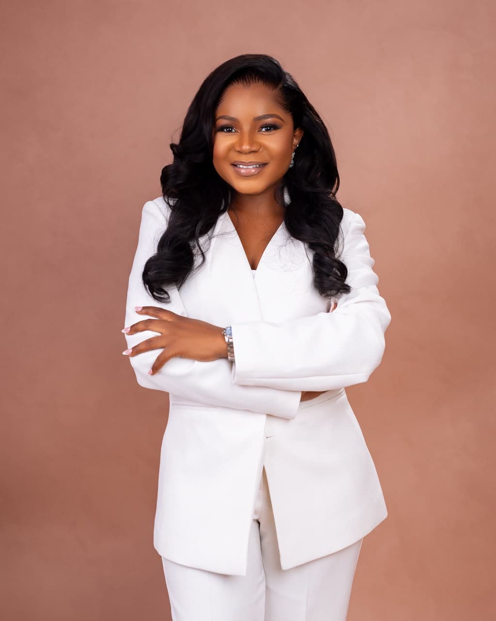 Editorial fashion — woman in tailored lavender pantsuit